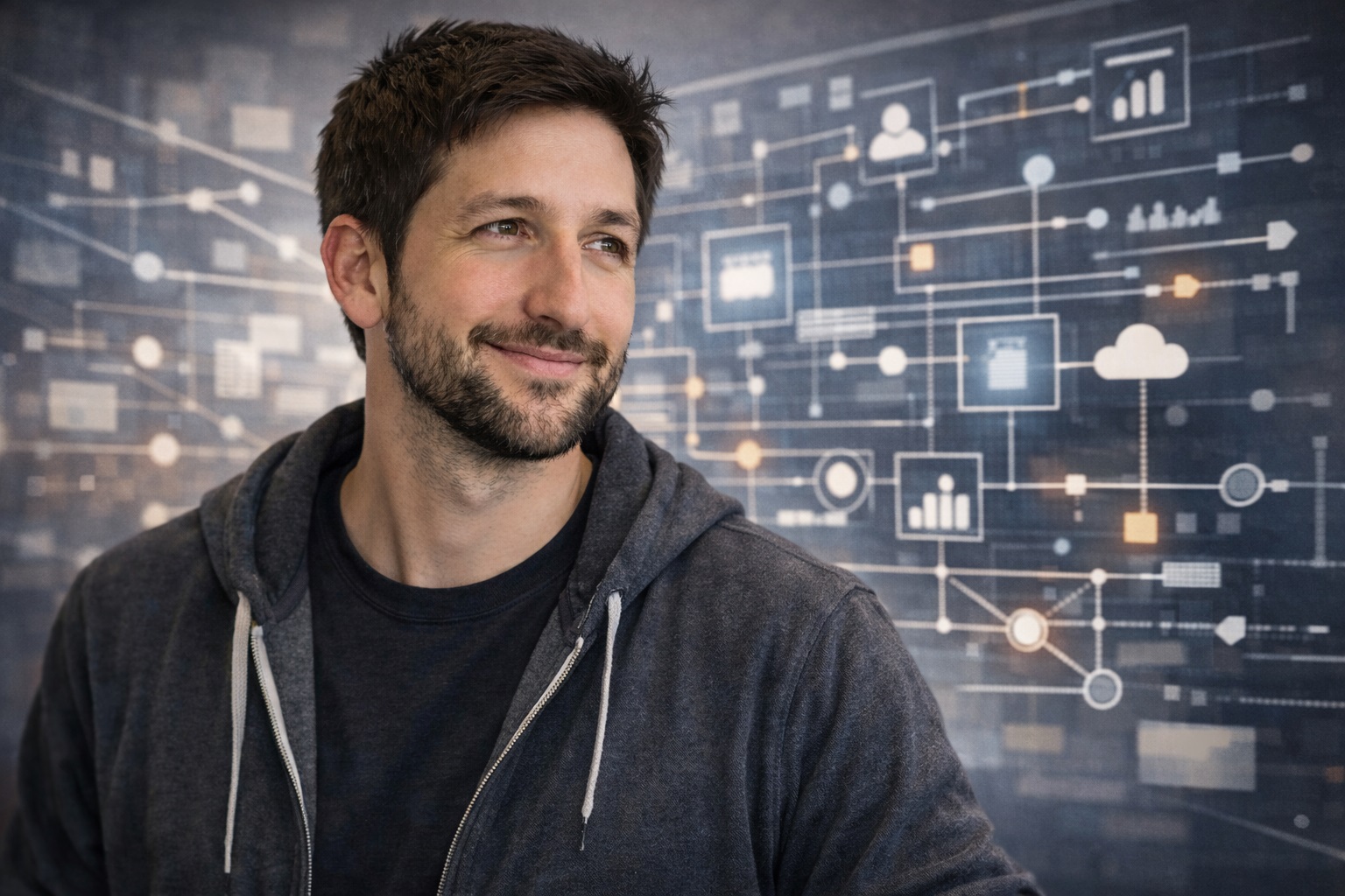 Chase Arenella standing in front of layered interconnected digital systems representing systems thinking and leadership