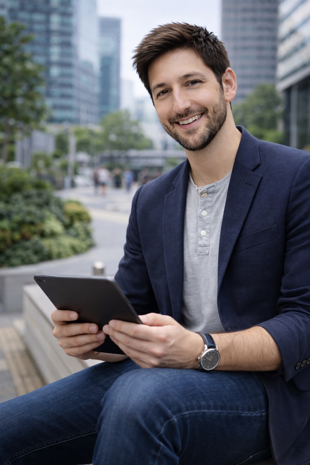 City Tablet Lifestyle 01 — Chase Arenella branded media asset supporting AI-Augmented Leadership, agile systems, and modern work.