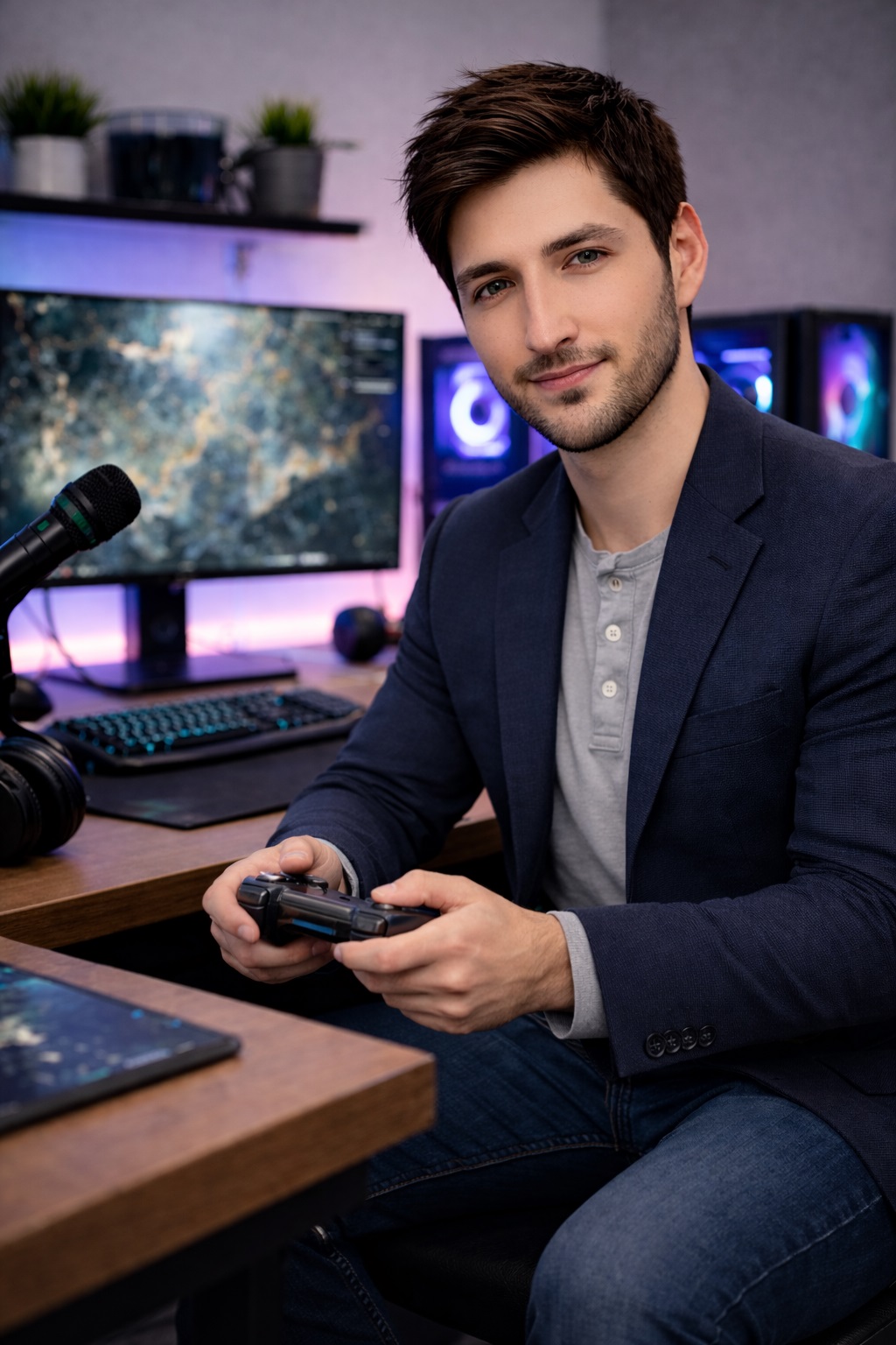 Chase Arenella reviewing gaming strategy at professional desk streaming setup