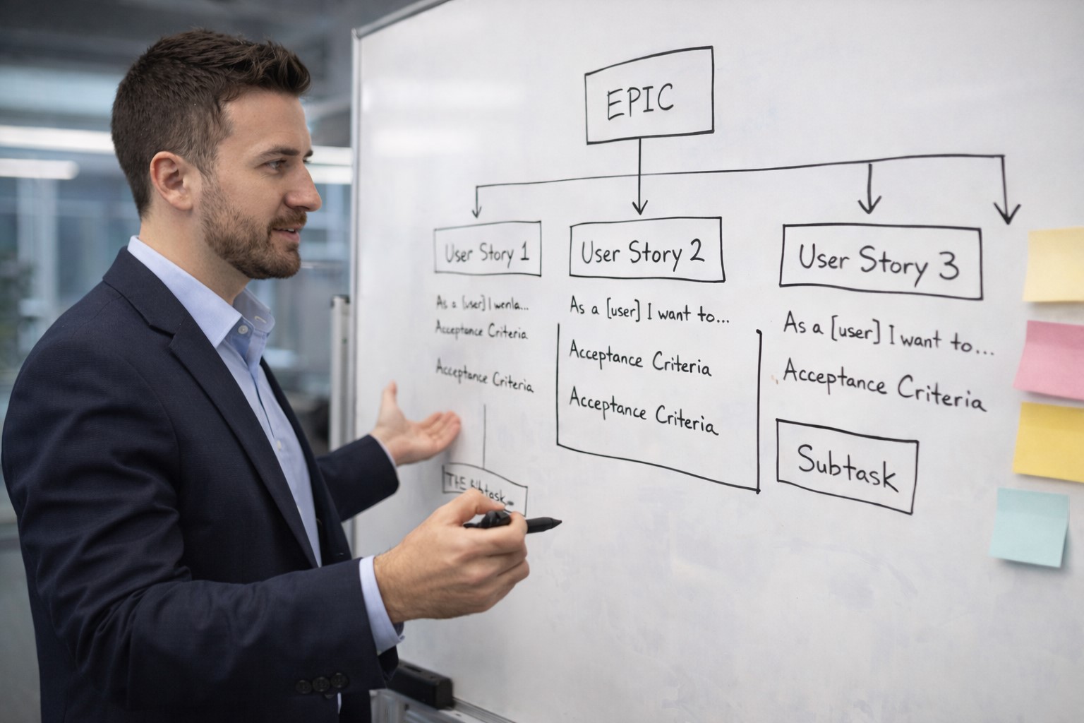 Chase Arenella explaining Agile user story planning on a whiteboard during project breakdown session