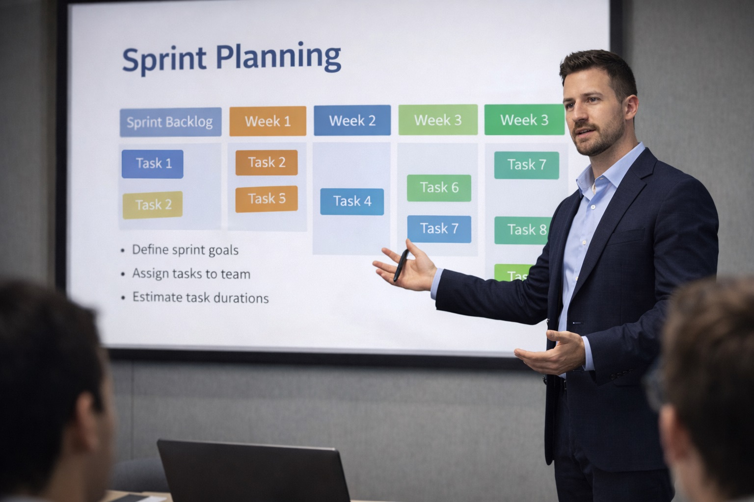 Chase Arenella presenting sprint planning strategy in conference room leadership meeting